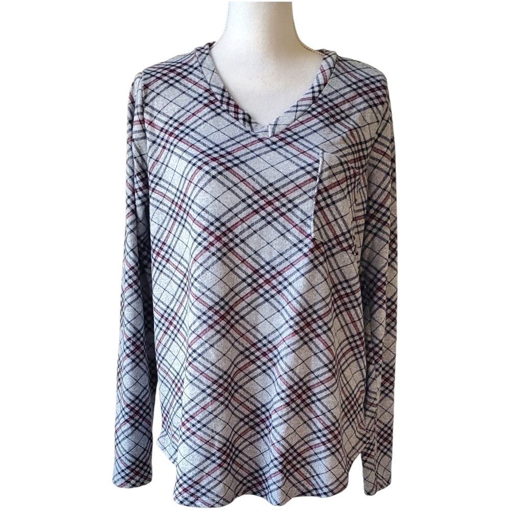 Perfect Peach Gray And Black Plaid V-neck Long Sleeve Women's Top Size L